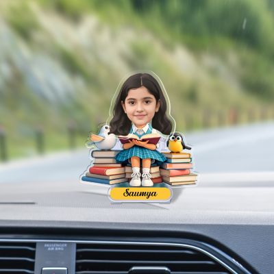 Personalized Bookworm Girl Bobblehead Caricature with Battery Powered Moving Head Feature Unique Gift for Students, Book Lovers, and Readers Study Room Table Decor